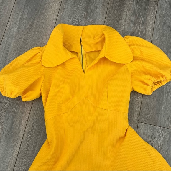 Vintage Handmade Bright Yellow Puff Sleeve Collared Mini Dress - Picture 3 of 7